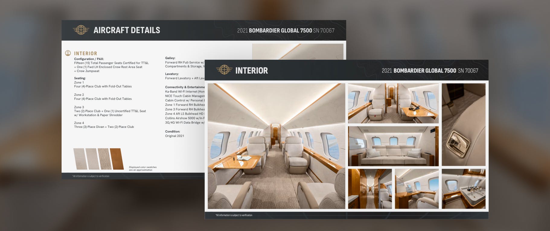 Aircraft specifications sheets for marketing