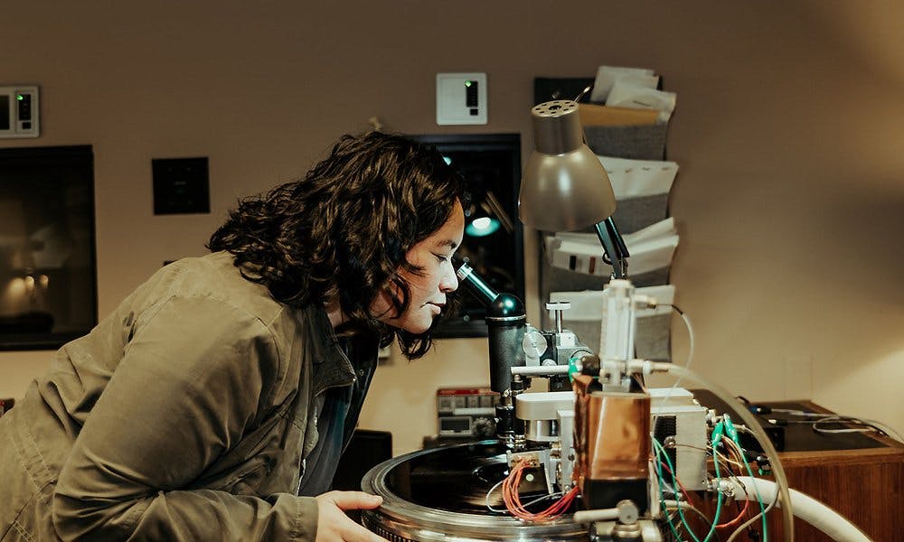 Jett Galindo cutting a vinyl master