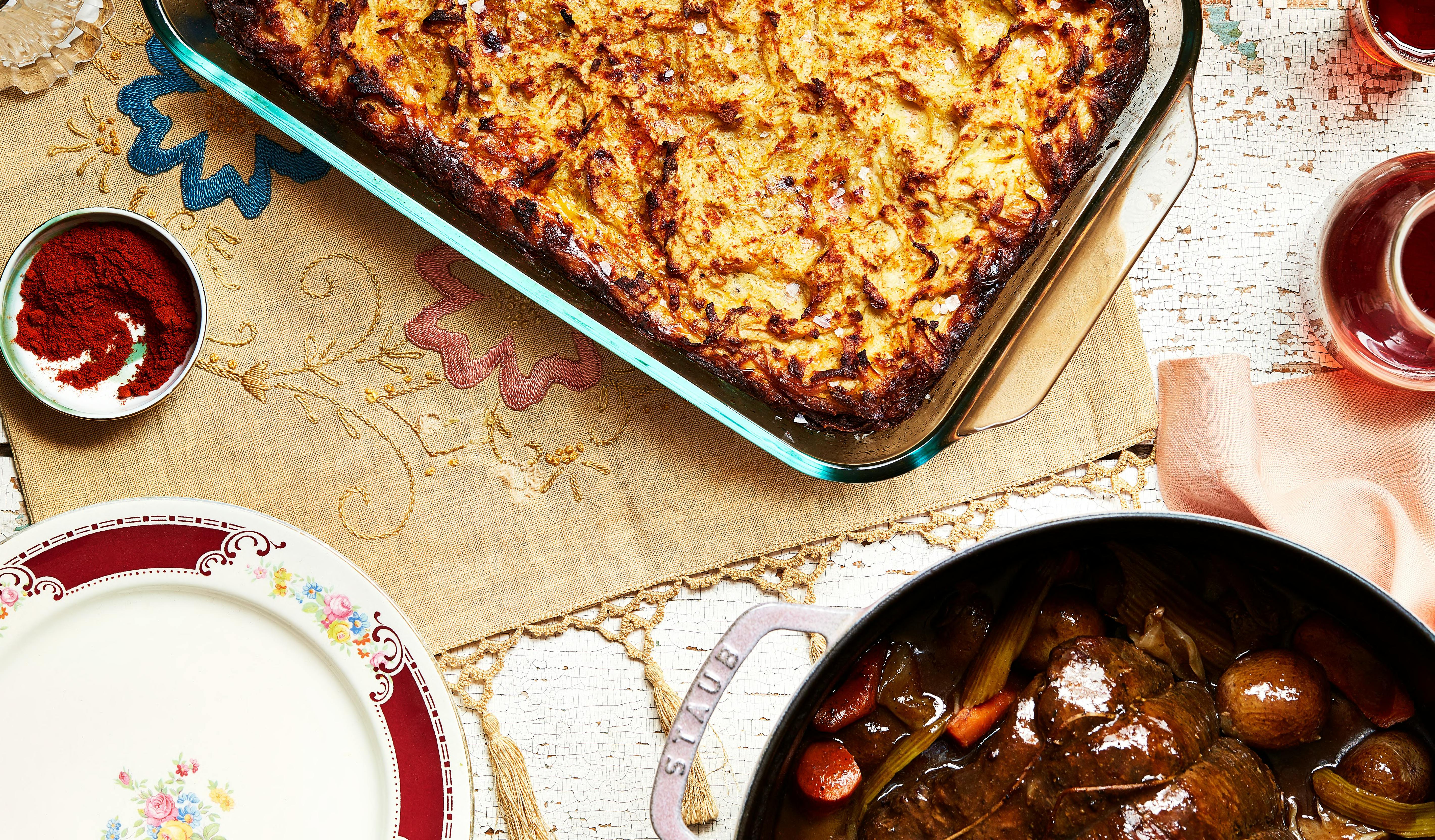 Potato kugel with paprika and red wine-braised chuck roast.
