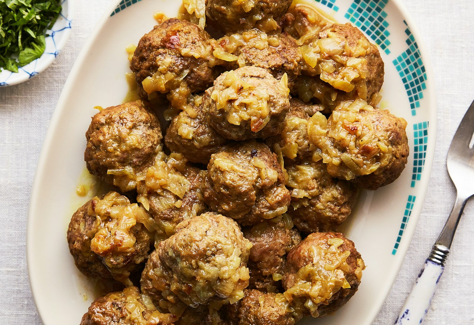 Meatballs with onion with fresh cilantro. 