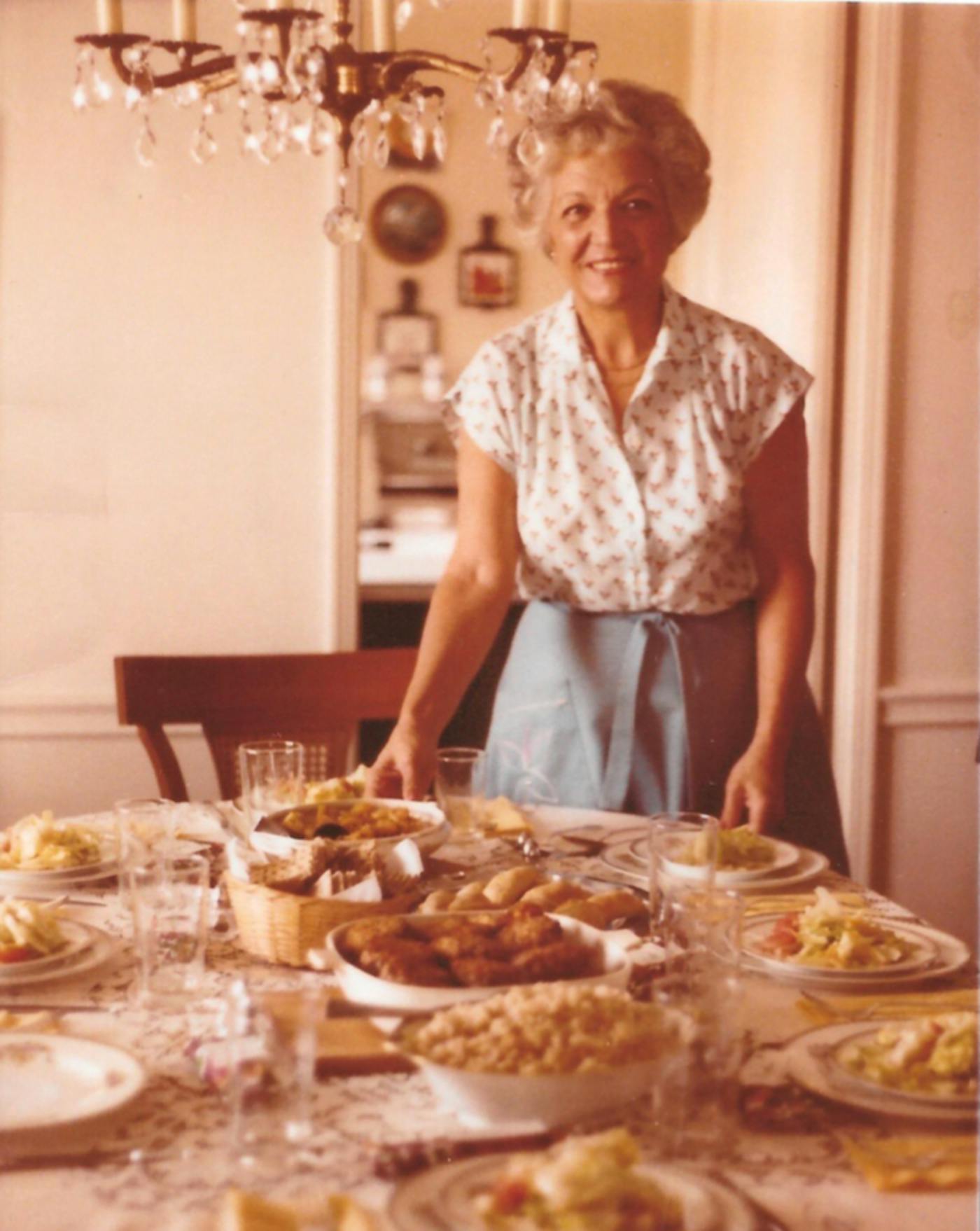 Victoria’s “nonie,” Victoria Rachel, serving a spread of Sephardic recipes at her home in West Hollywood, California in the 1980s.