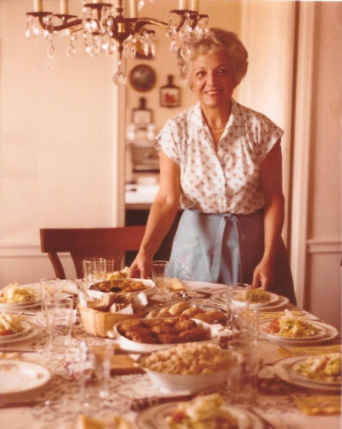 Victoria’s “nonie,” Victoria Rachel, serving a spread of Sephardic recipes at her home in West Hollywood, California in the 1980s.