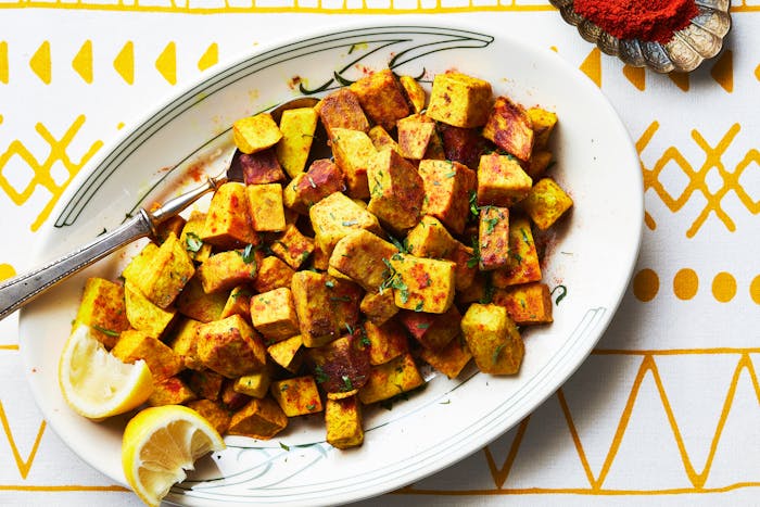Cubed fried taro root on serving platter.