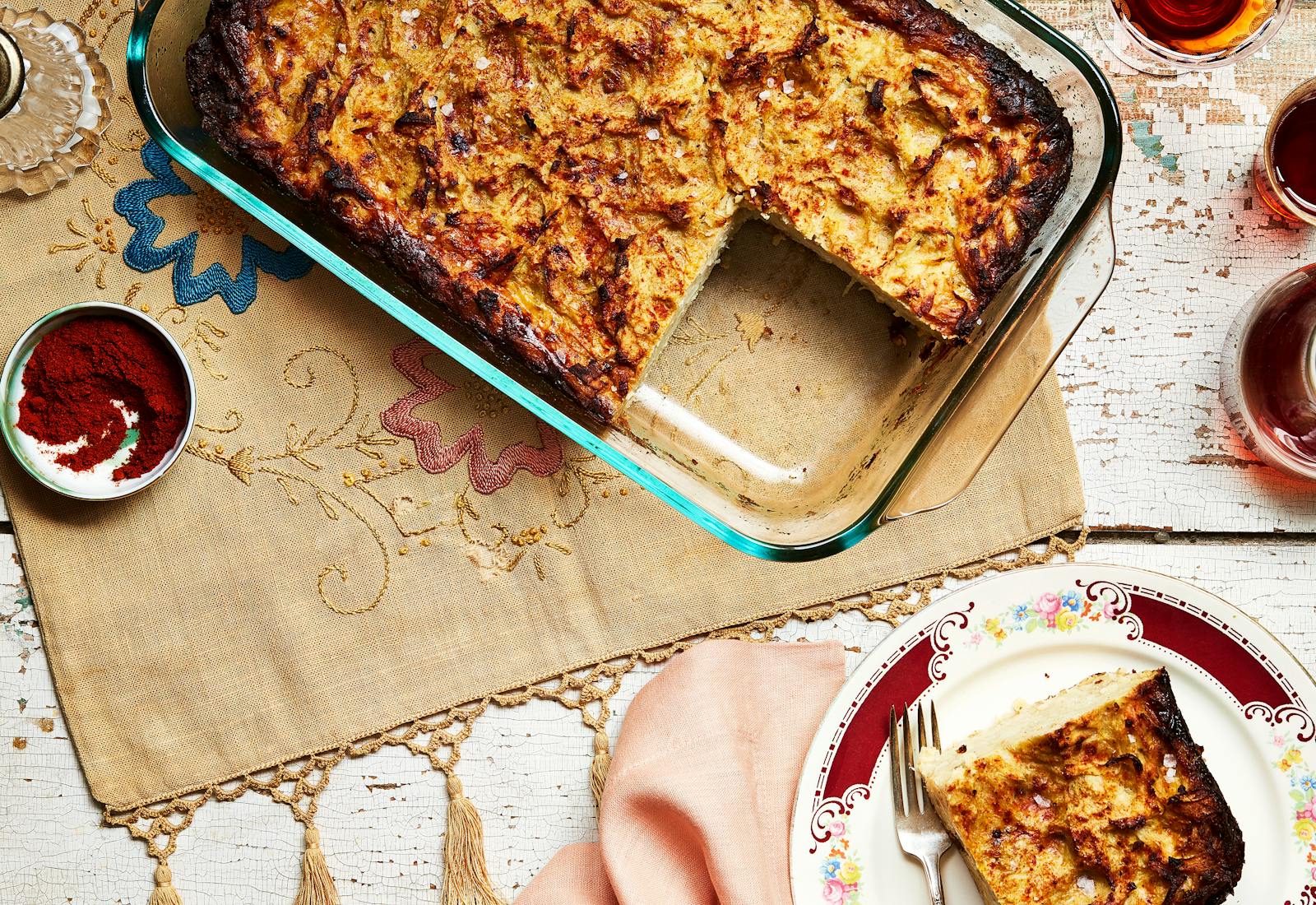 Potato kugel seasoned with paprika.
