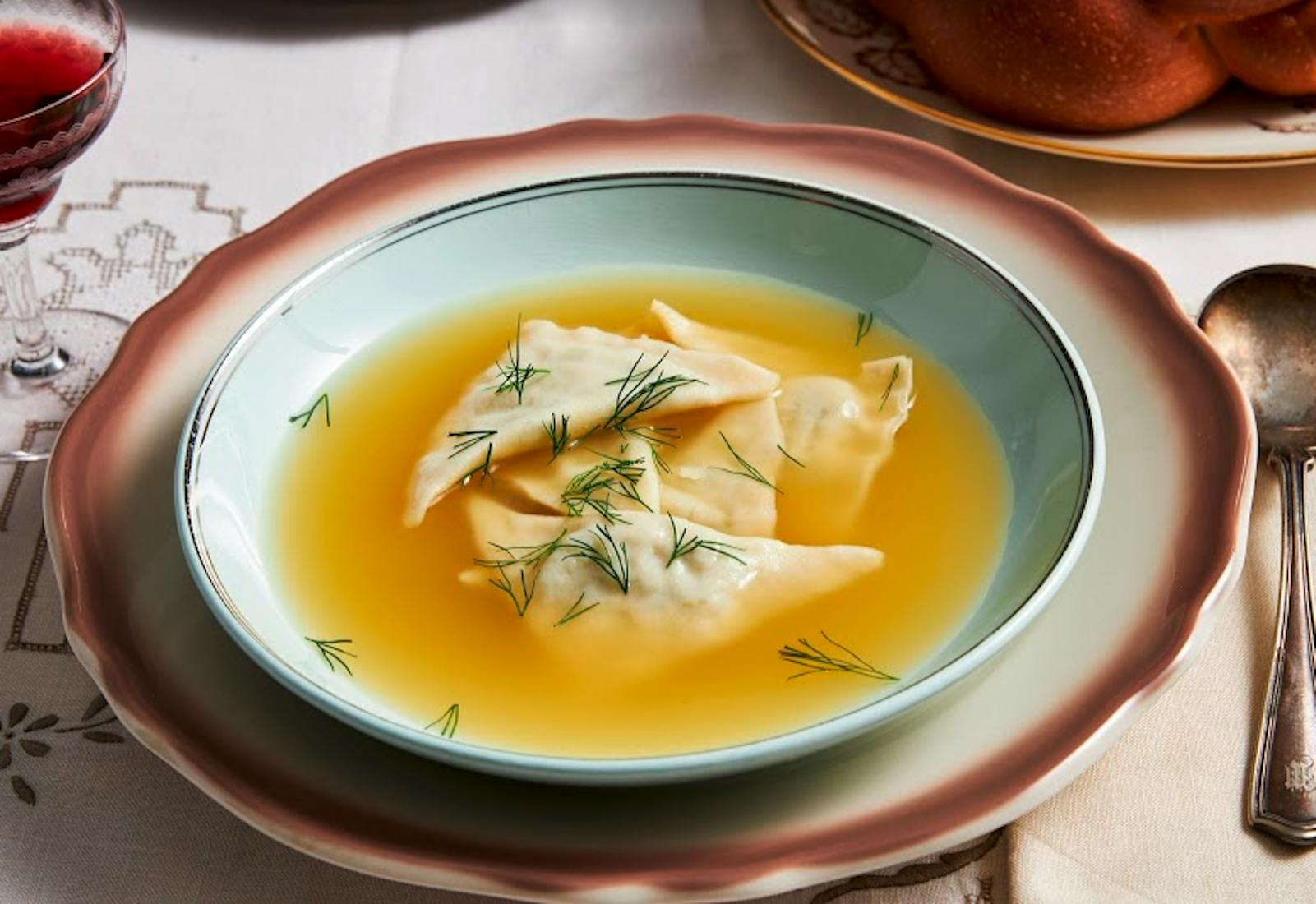 Kreplach dumplings in chicken broth