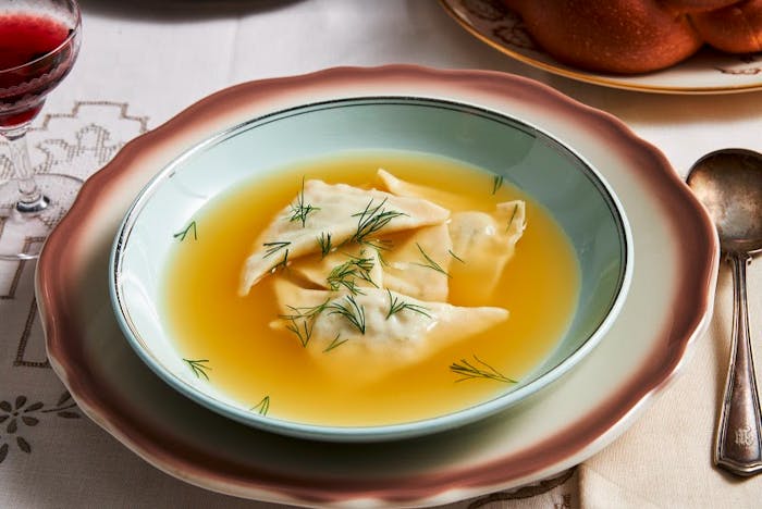 Kreplach dumplings in chicken broth