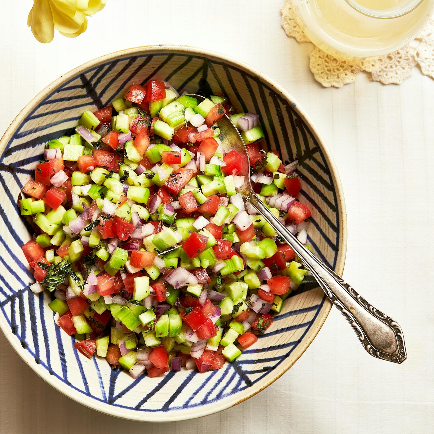 Chopped vegetable salad with dried mint and verjus dressing.
