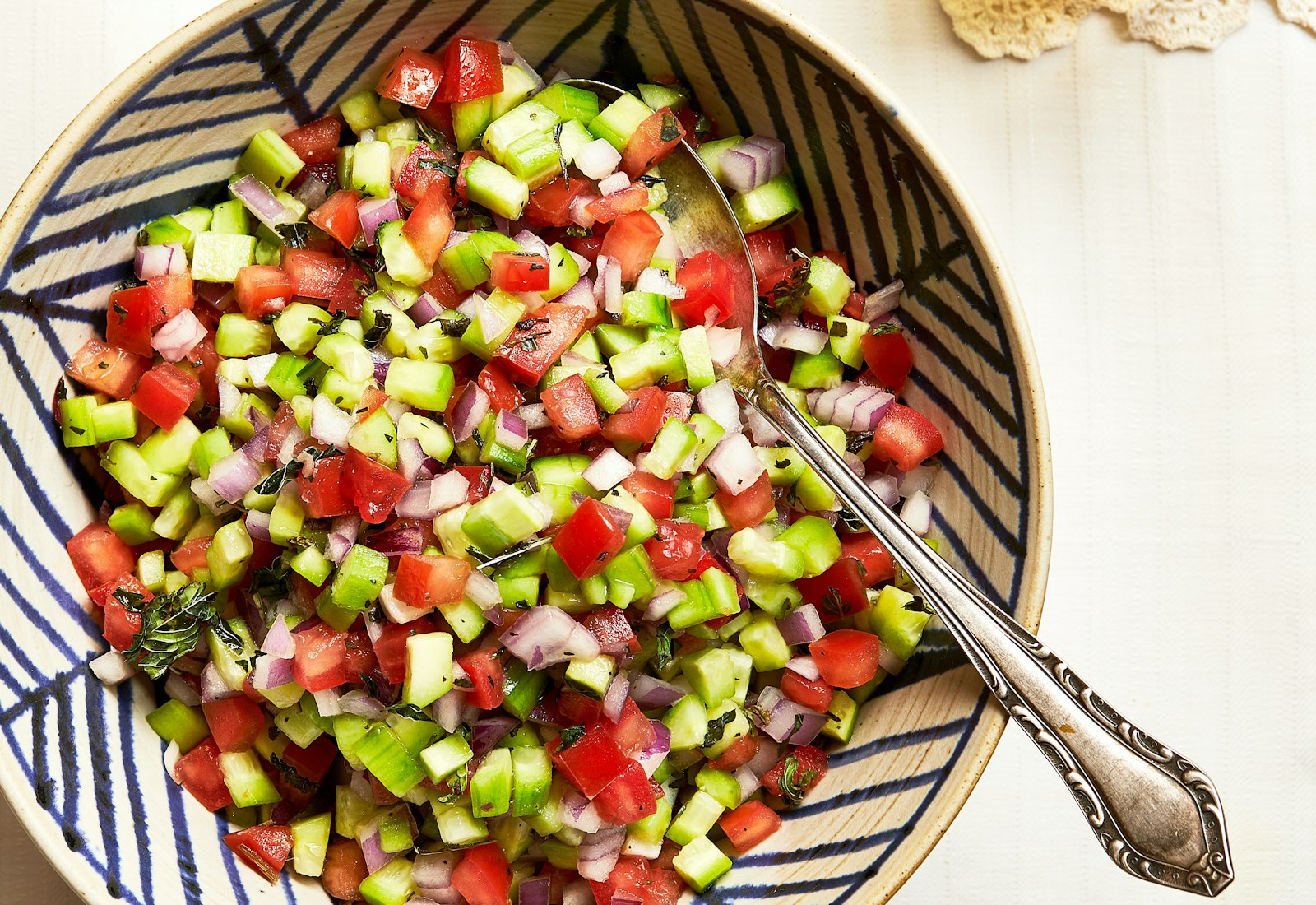 Chopped vegetable salad with dried mint and verjus dressing.