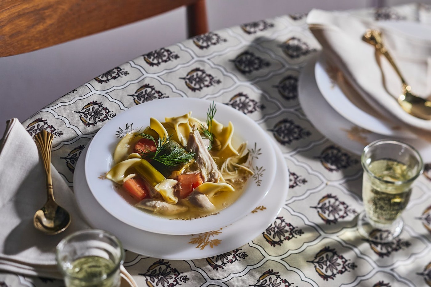 Bowl of classic chicken noodle soup.