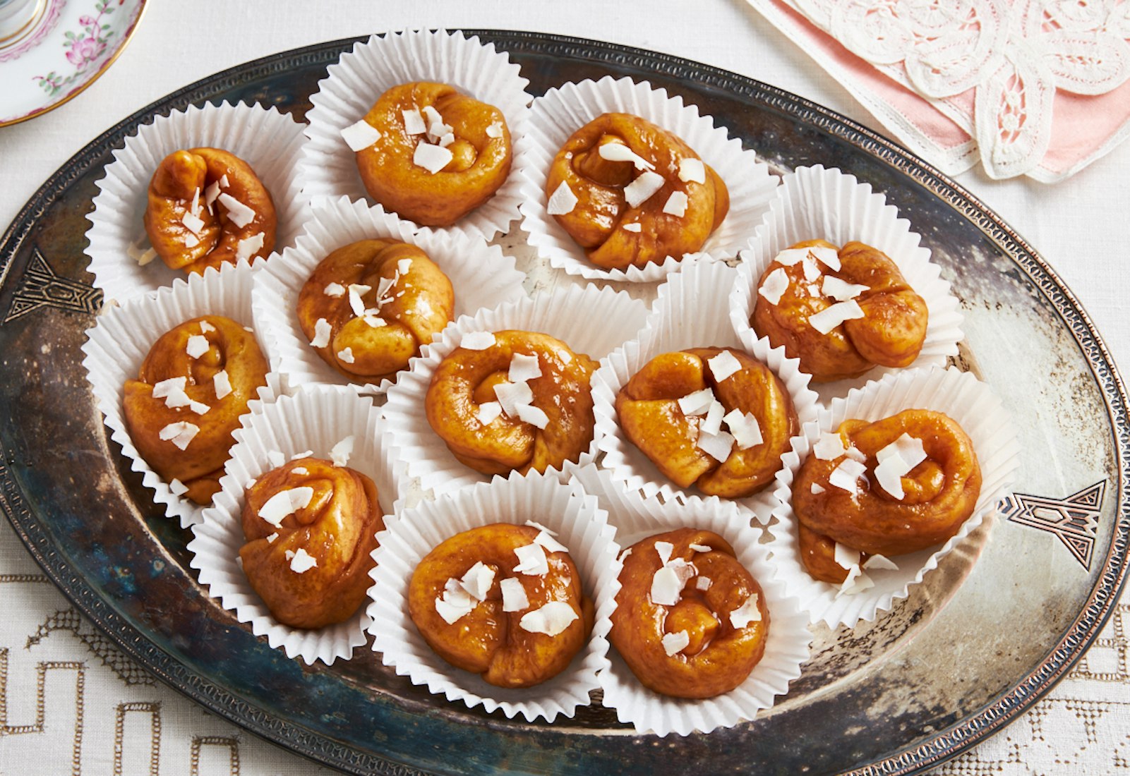 Teiglach, sticky knotted dough sweets for Rosh Hashanah on tray