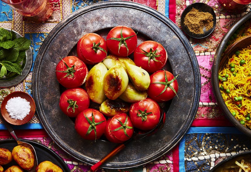 Mahasha (Tomatoes and Onions Stuffed With Chicken and Rice)