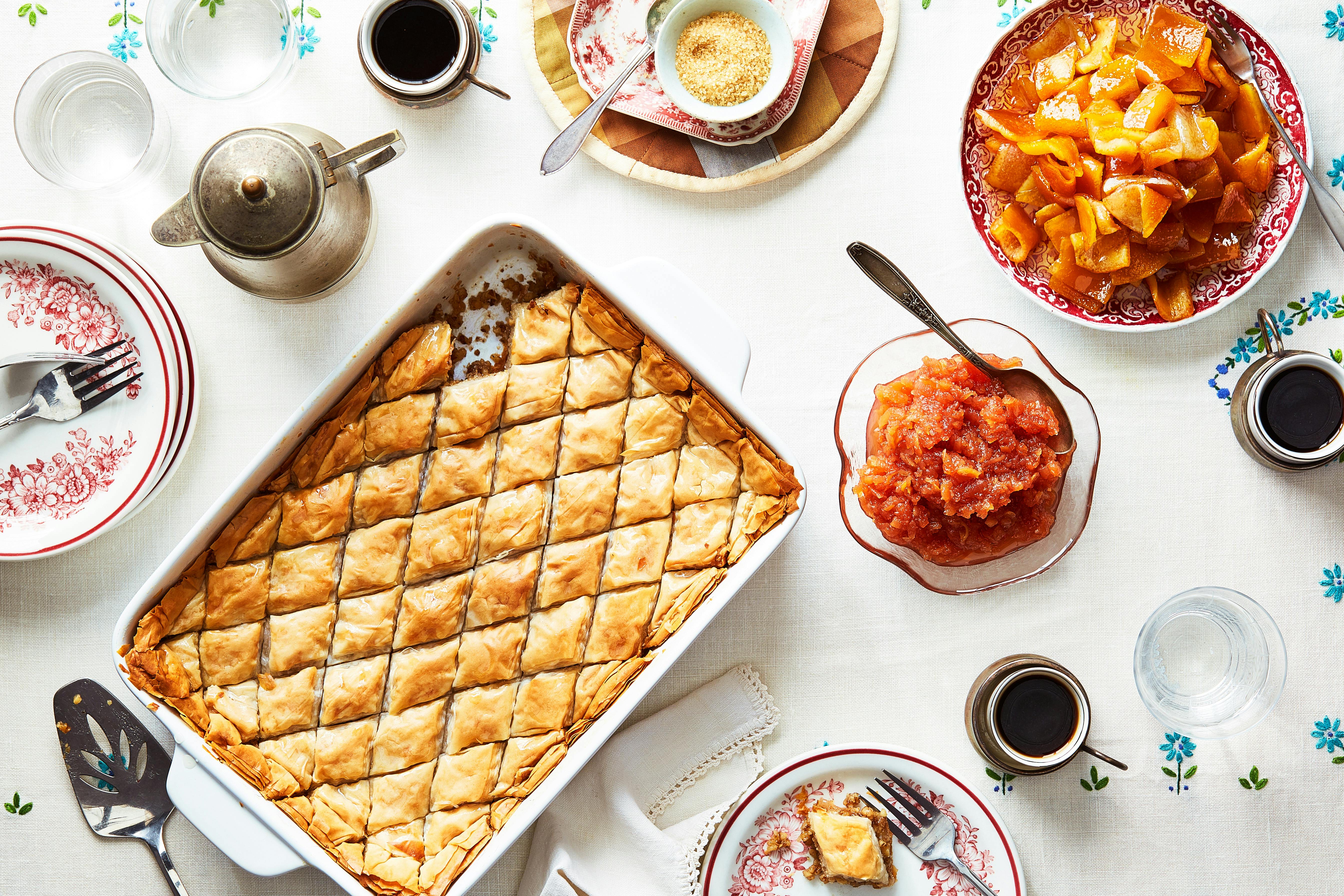 Viviane's dessert spread with baklava, quince jam and candied orange peels.