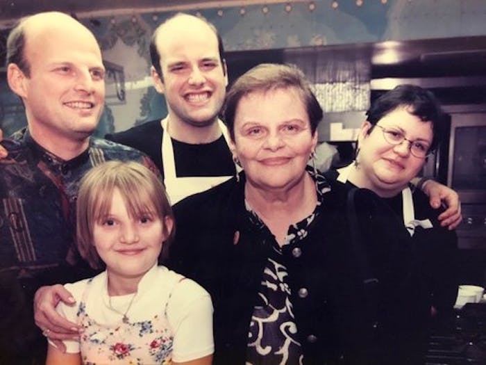 The Davis family in the kitchen of the James Beard Foundation in 1996 for the first annual James Beard Foundation Latke Cook-off. (from left to right: brother Sheldon, niece Helen, Mitchell, Mom Sondra, and sister Carrie (not present, sister Leslie).