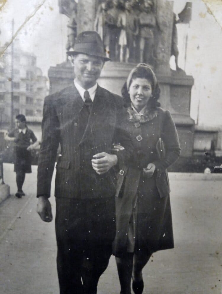 Amir’s grandmother Susan (right) and grandfather Yakov (left) in Taksim Square, Turkey in 1944.