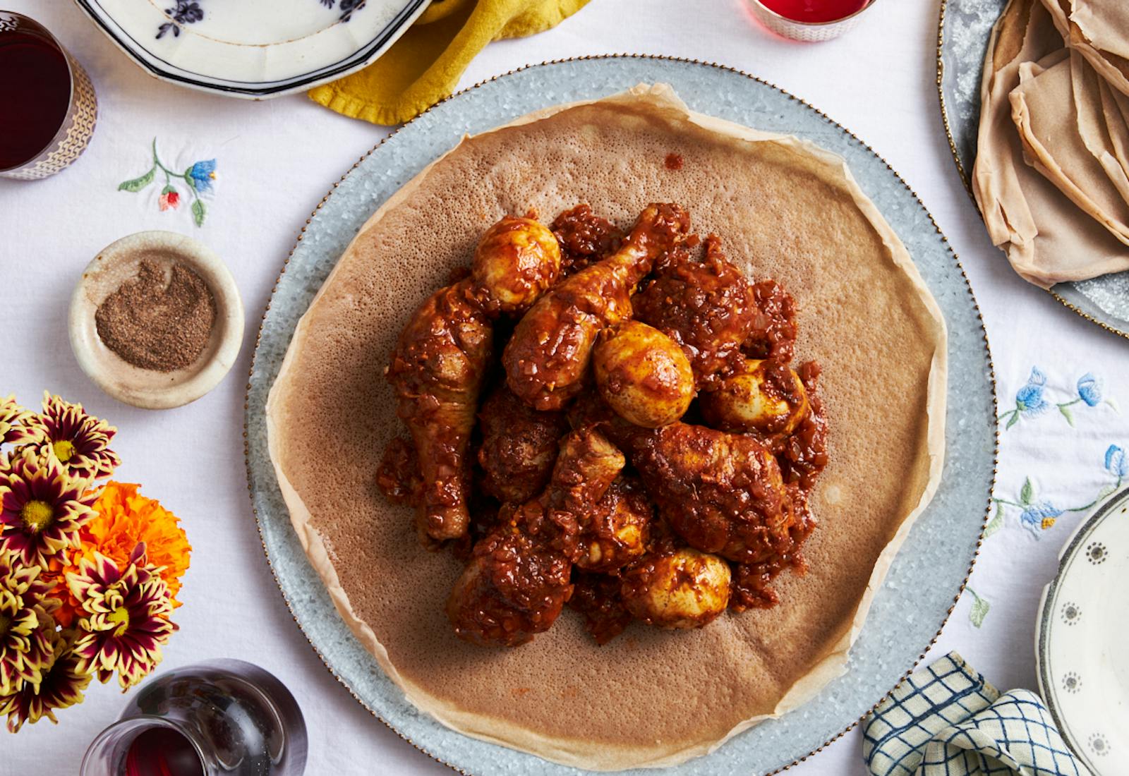 Ethiopian Shabbat stew doro wat on injera