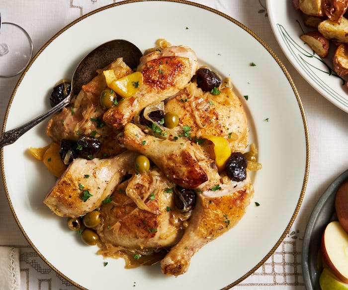Braised Chicken with Onions, Olives, and Prunes image