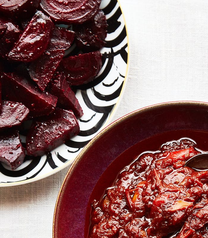 Beet salad with cumin, top left.