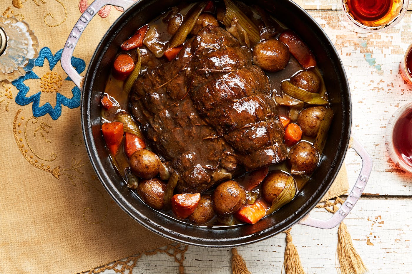 Red wine-braised chuck roast with vegetables.