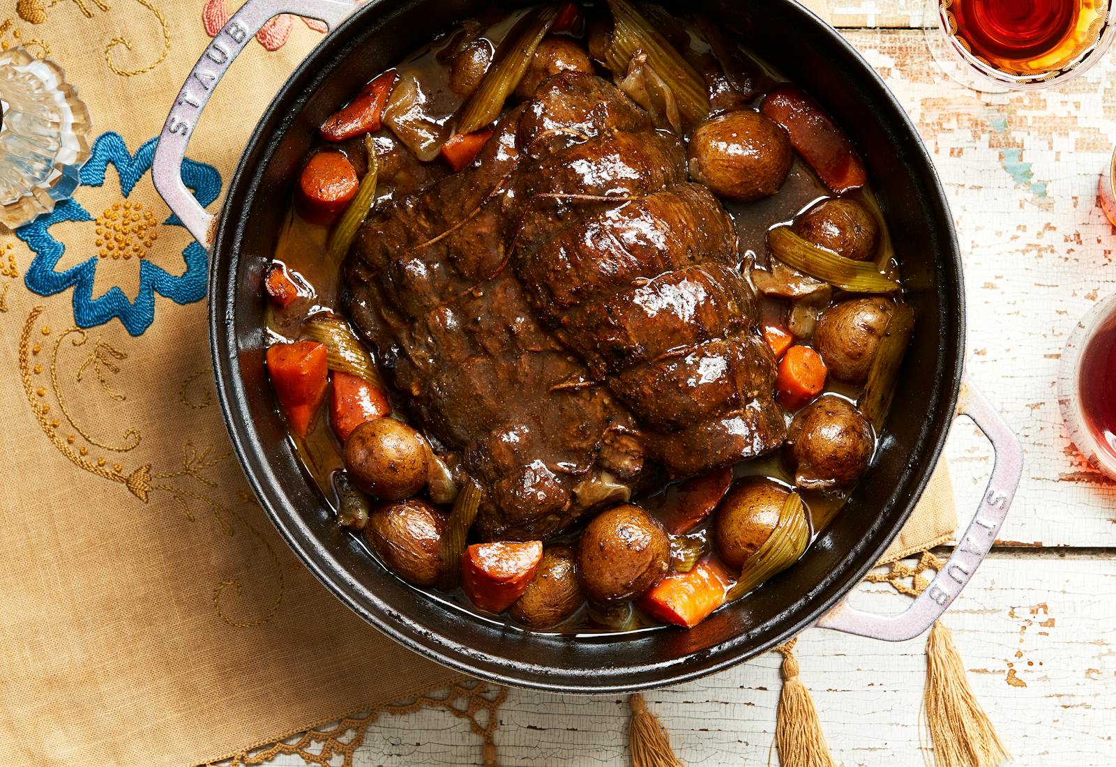 Red wine-braised chuck roast with vegetables.