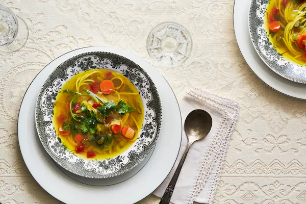 Saffron Chicken Broth with Toasted Pasta and Vegetables — Jewish Food Society