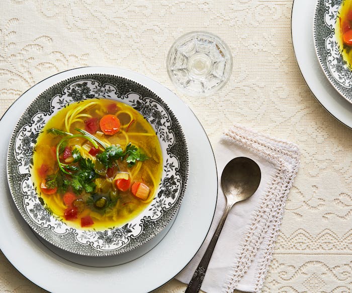 Saffron Chicken Broth with Toasted Pasta and Vegetables image