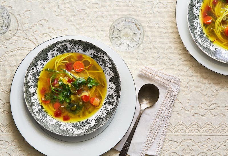 Saffron Chicken Broth with Toasted Pasta and Vegetables