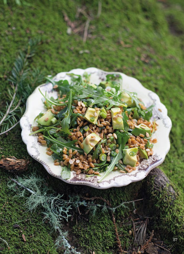 Sesame farrow salad in white scalloped bowl, outdoors on a mossy branch.