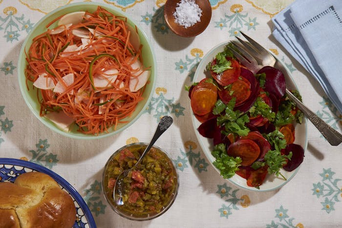 Mseir with beet salad and slata mechouia, challah and coarse salt.