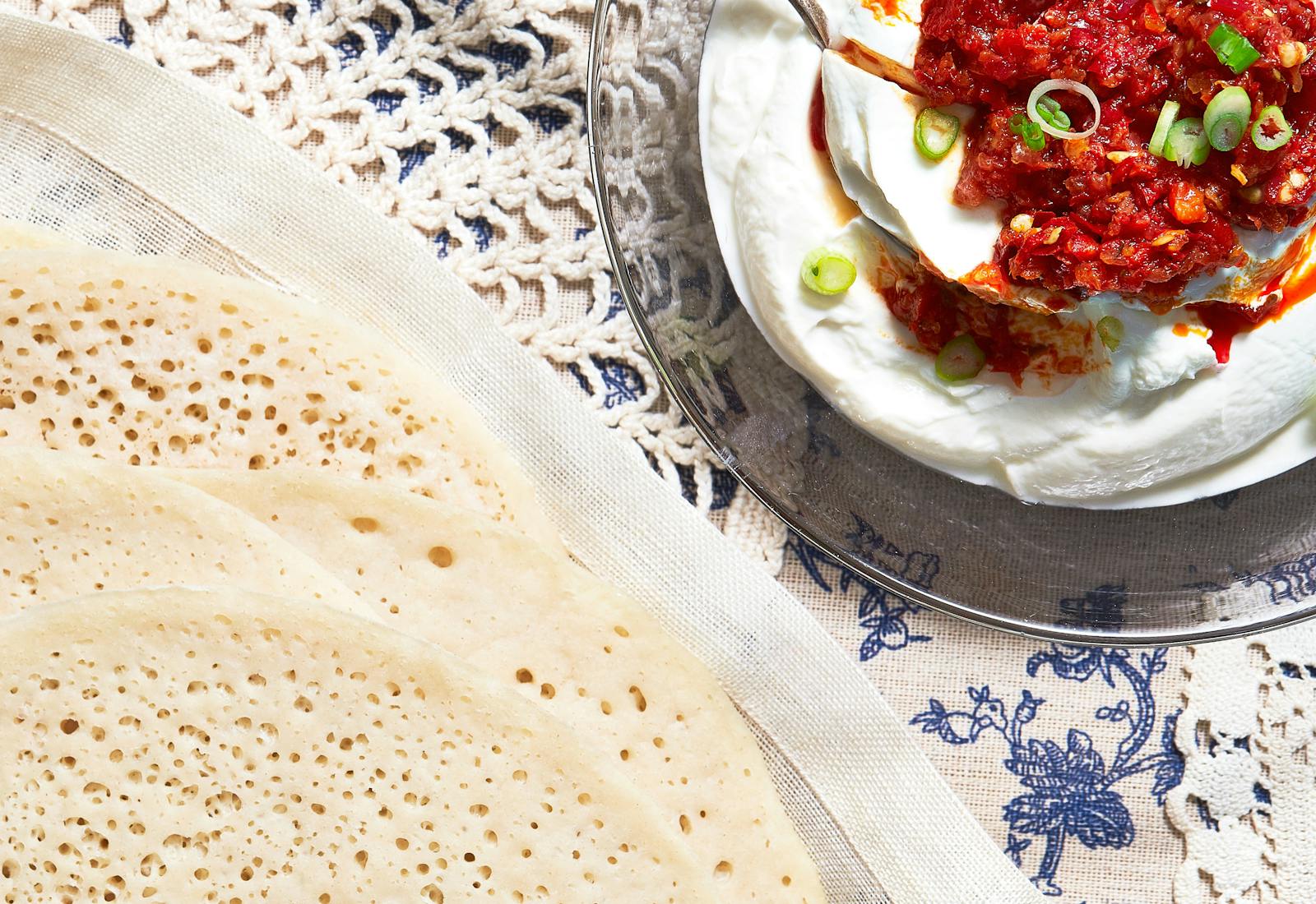 Yogurt dip with schug damadis. 