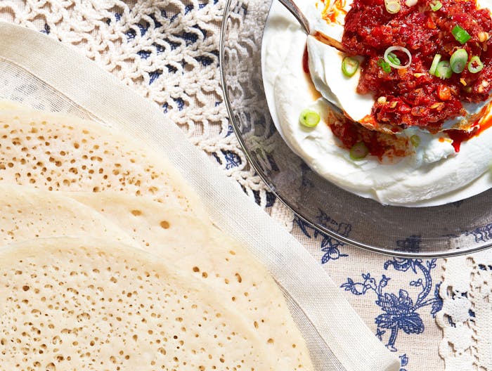 Yogurt dip with schug damadis. 