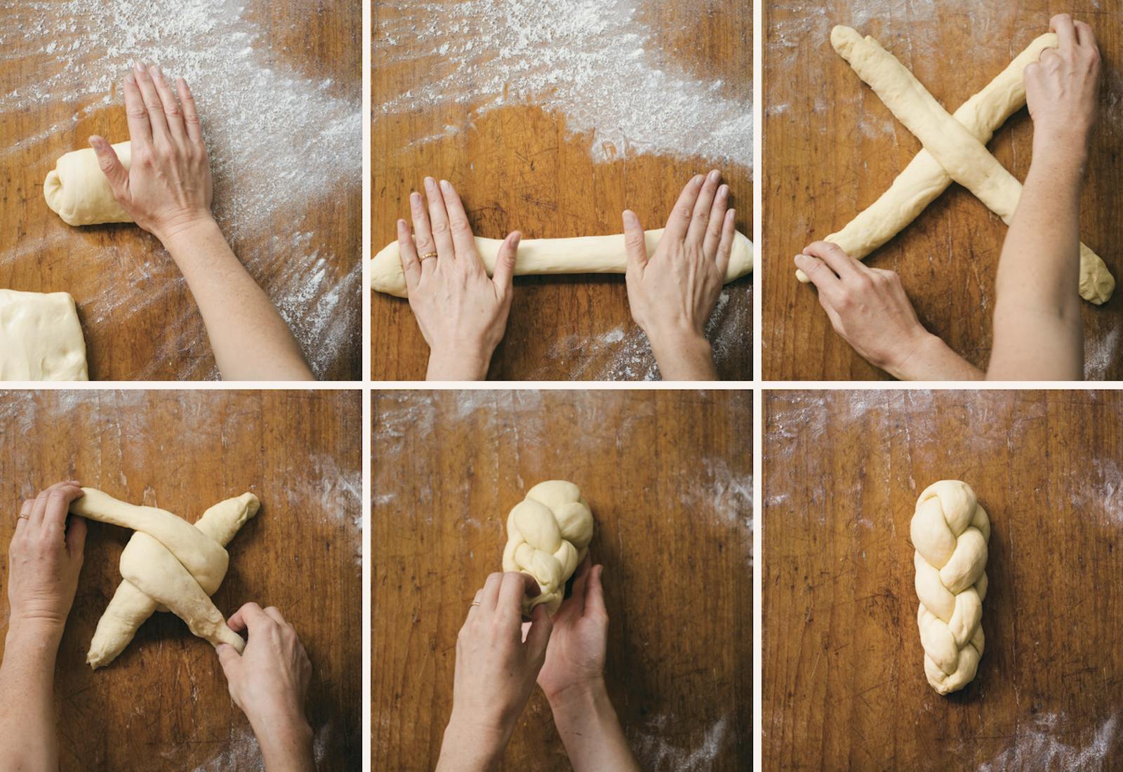 Chef braiding challah atop floured wooden surface.
