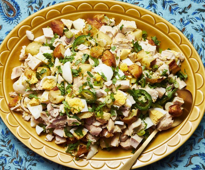 Indian-Baghdadi Shabbat Salad With Chicken, Potatoes, and Egg image