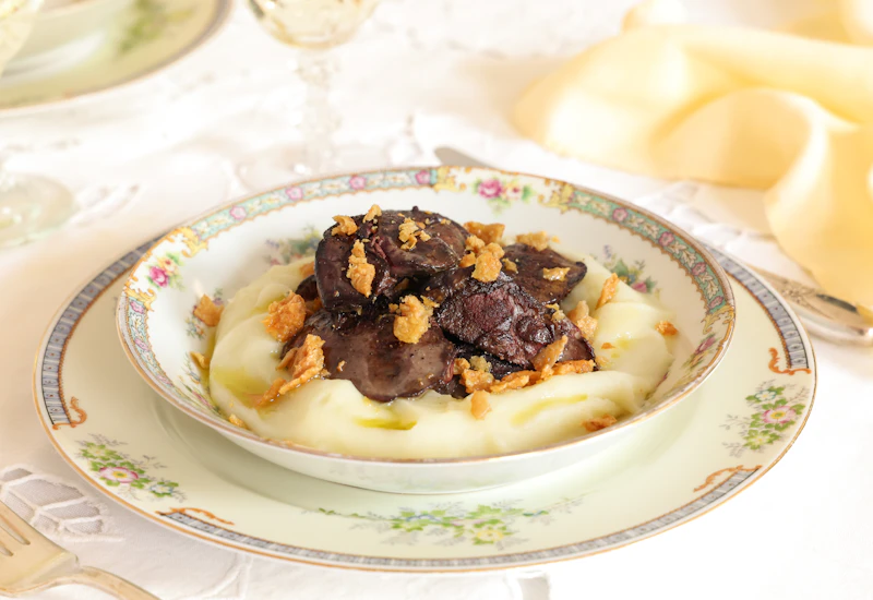 Chicken Livers and Mashed Potatoes with Gribenes (Crispy Skin)