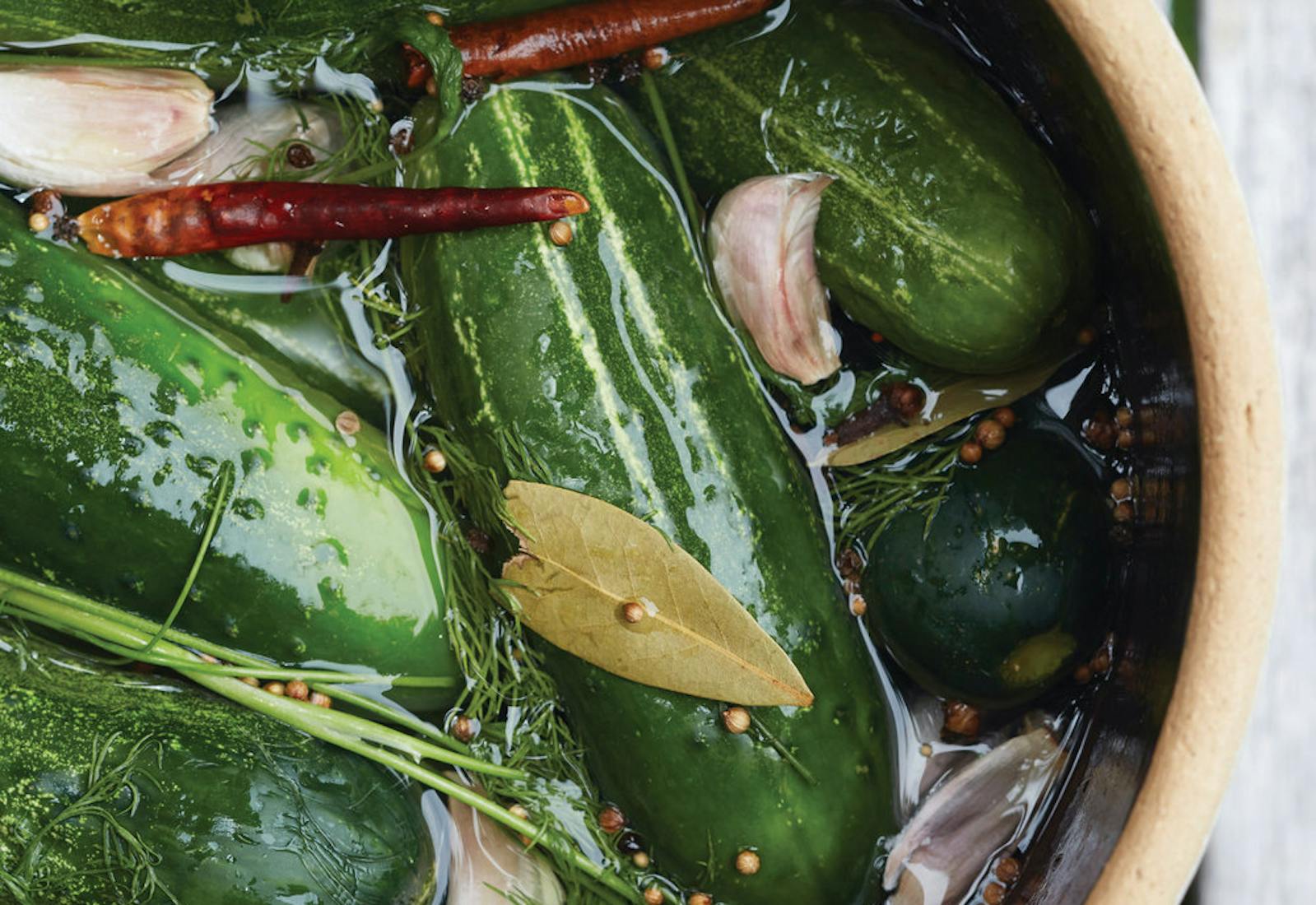 Dill pickles in brine with bay leaves, mustard seeds, chile peppers and dill in fermentation crock atop wooden surface.