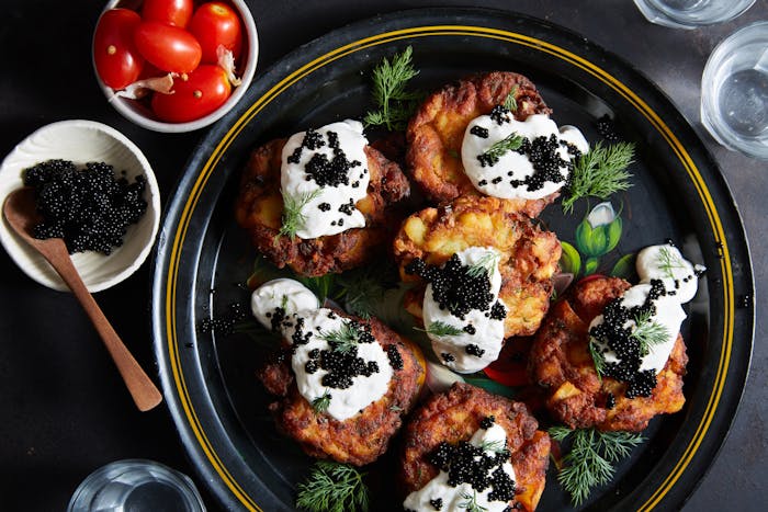 White Fish and Potato Latkes With Caviar and Sour Cream image