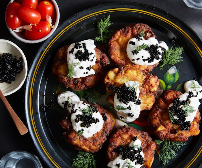 White Fish and Potato Latkes With Caviar and Sour Cream image