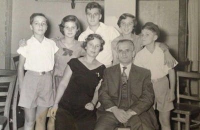 Adelle (front left) and Ya’akov (front right) pictured with their children Ezra, Frida, Rafi, Mimi and Moshe (left to right) in Jerusalem in 1956.