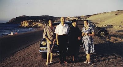 Michel's mother Danielle, grandfather Robert, great grandmother Luna, and grandmother Ninette in Algeria in 1958.