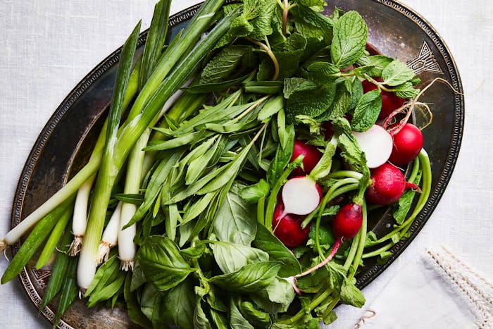 Plate of fresh herbs: scallions, basil, mint, and radishes.
