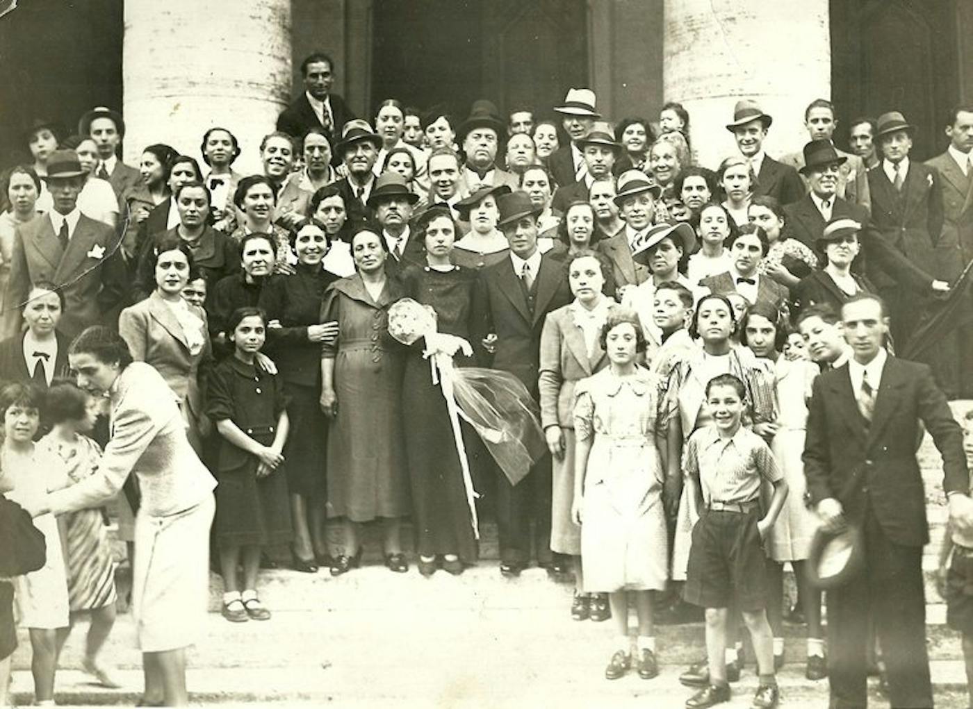 Micaela’s grandparents (center) the Great Synagogue of Rome in 1936 on their wedding day.