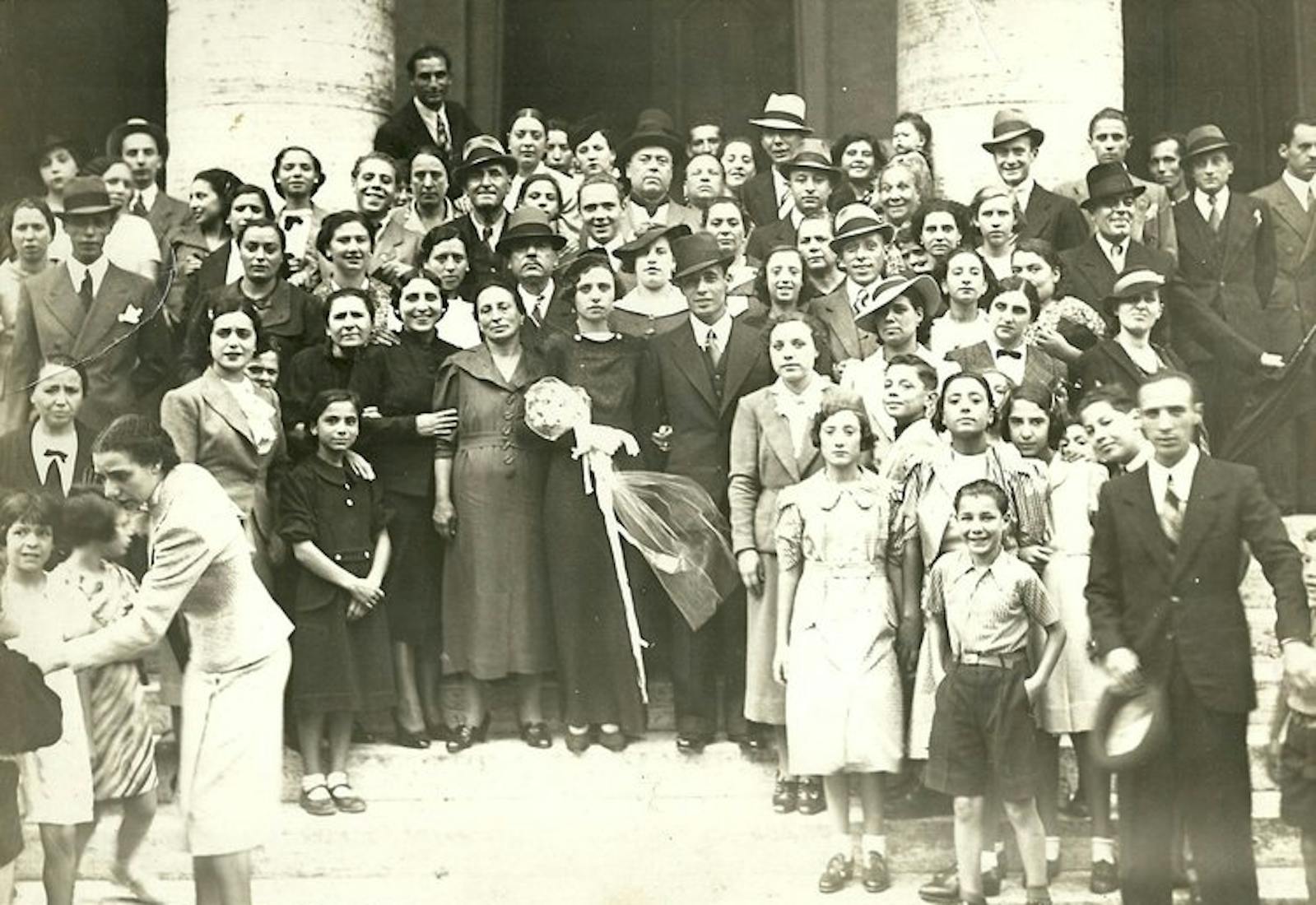 Micaela’s grandparents (center) the Great Synagogue of Rome in 1936 on their wedding day.