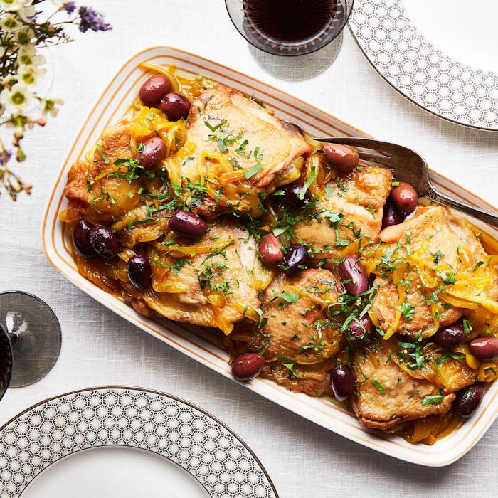 Chicken with olives and fresh cilantro.
