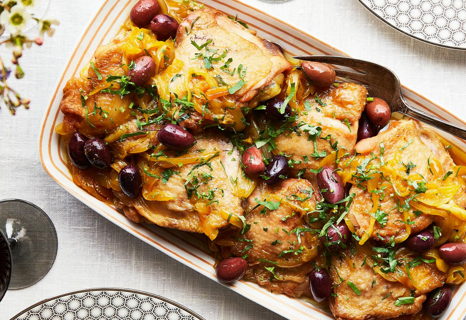 Chicken with olives and fresh cilantro.