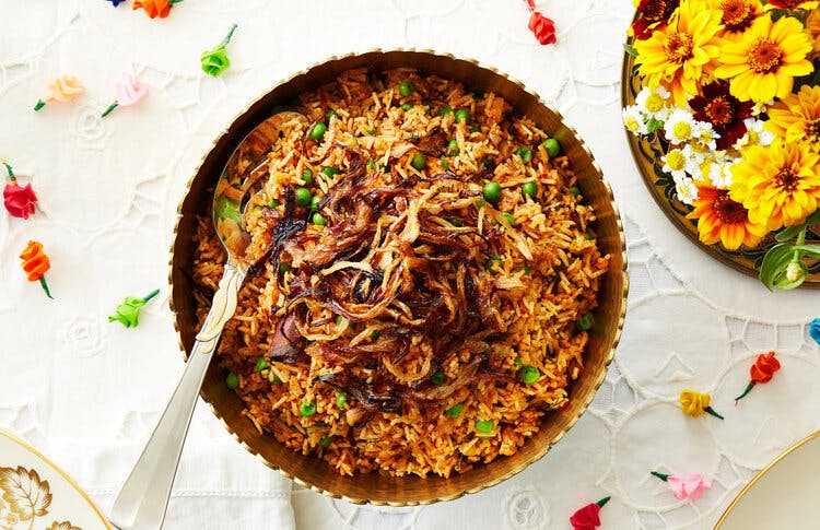 Rose Harissa and Pea Pilau With Crunchy Burnt Onions image