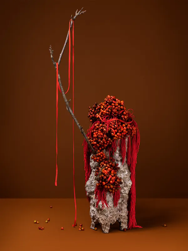 Tied together with red thread (rowan, moon tree, mountain ash) by Ann Shelton