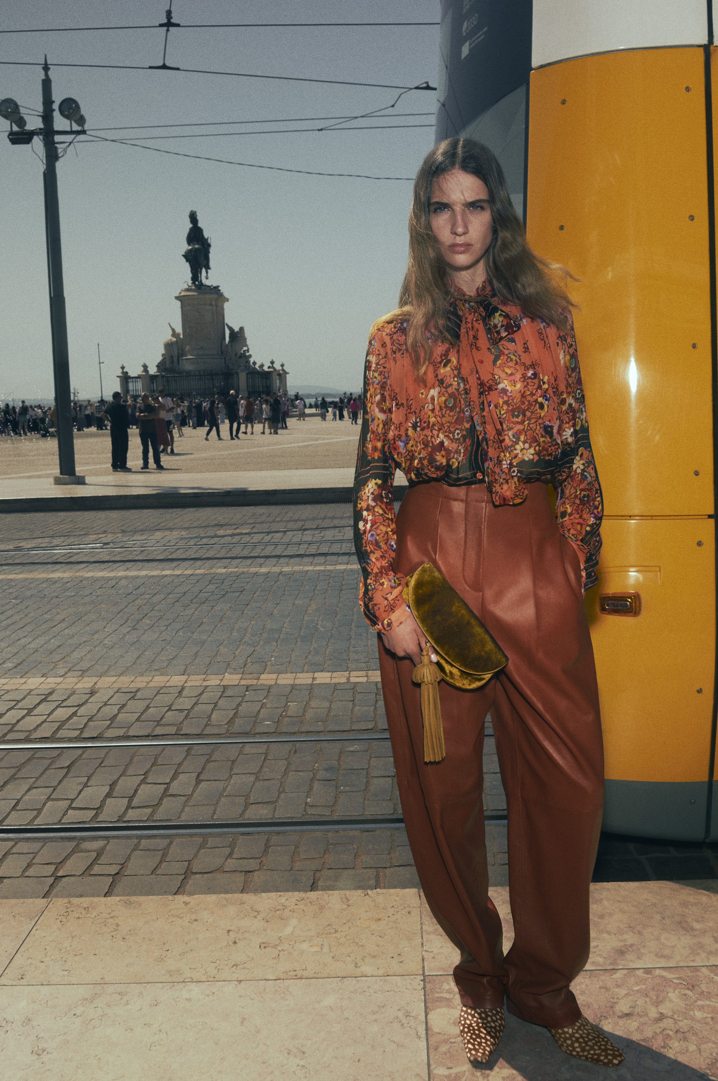 ULLA PF27 090 RED PRINTED CHIFFON LEATHER PANT 052 R3