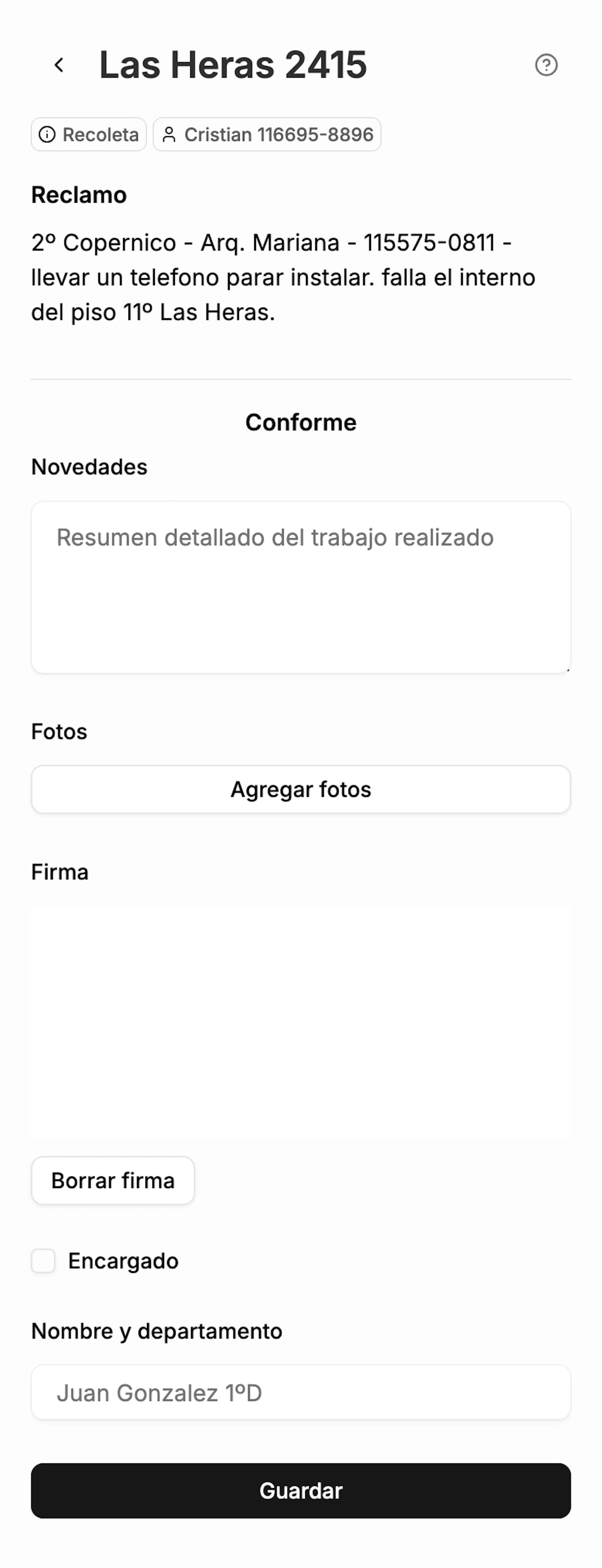 Mobile screenshot of a job detail page for Las Heras 2415, showing a work notes field, photo upload button, signature canvas, and a save button at the bottom.