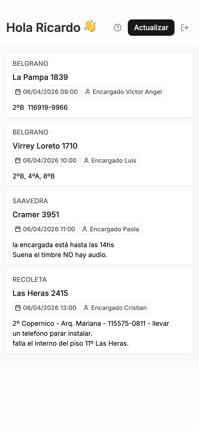 Mobile screenshot of the technician dashboard showing four jobs for the day, each with a building address, neighbourhood, time, and contact name.
