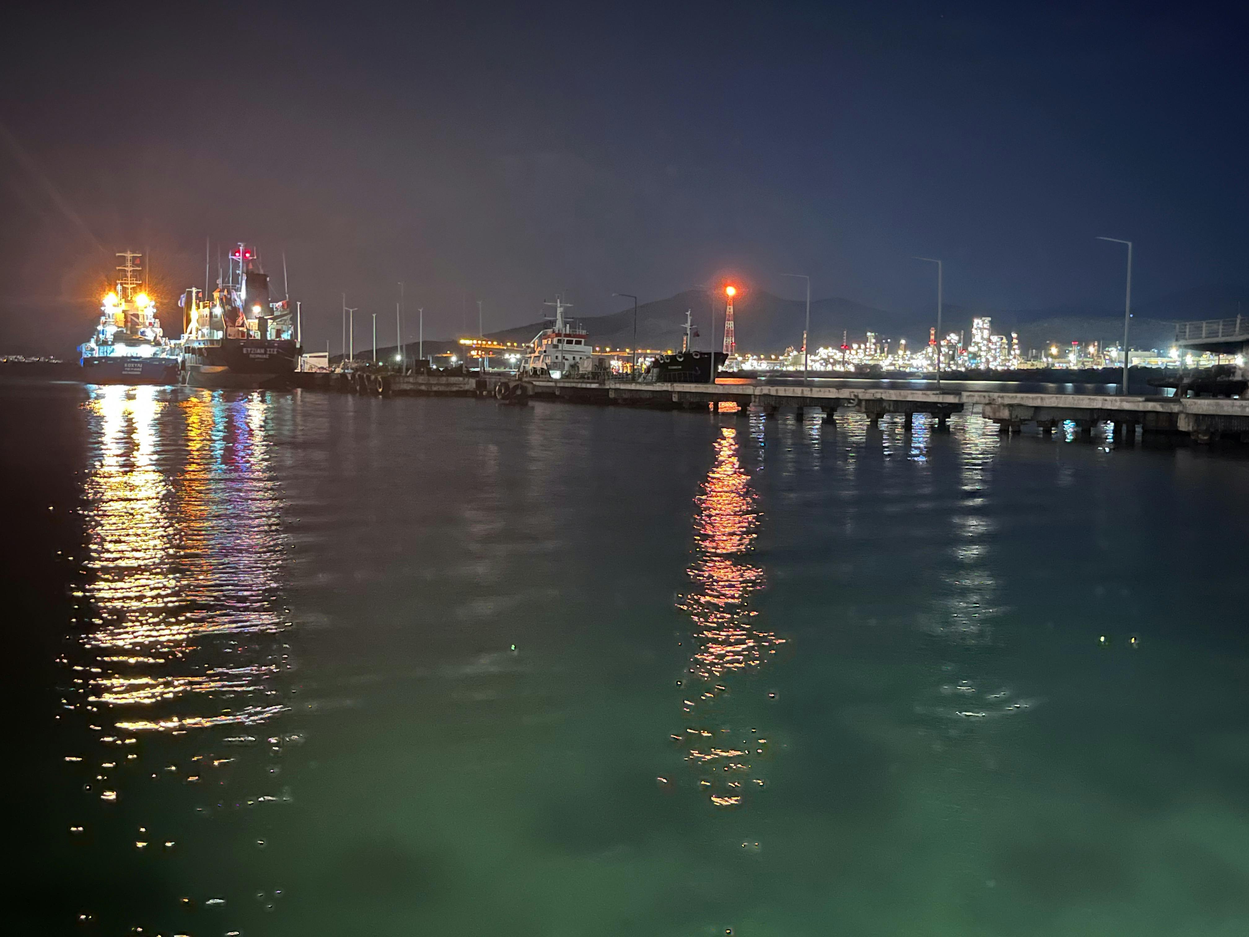 View of Elefsina harbour, with the Titan cement factory in the far background. Photo: Joëlle Bitton.