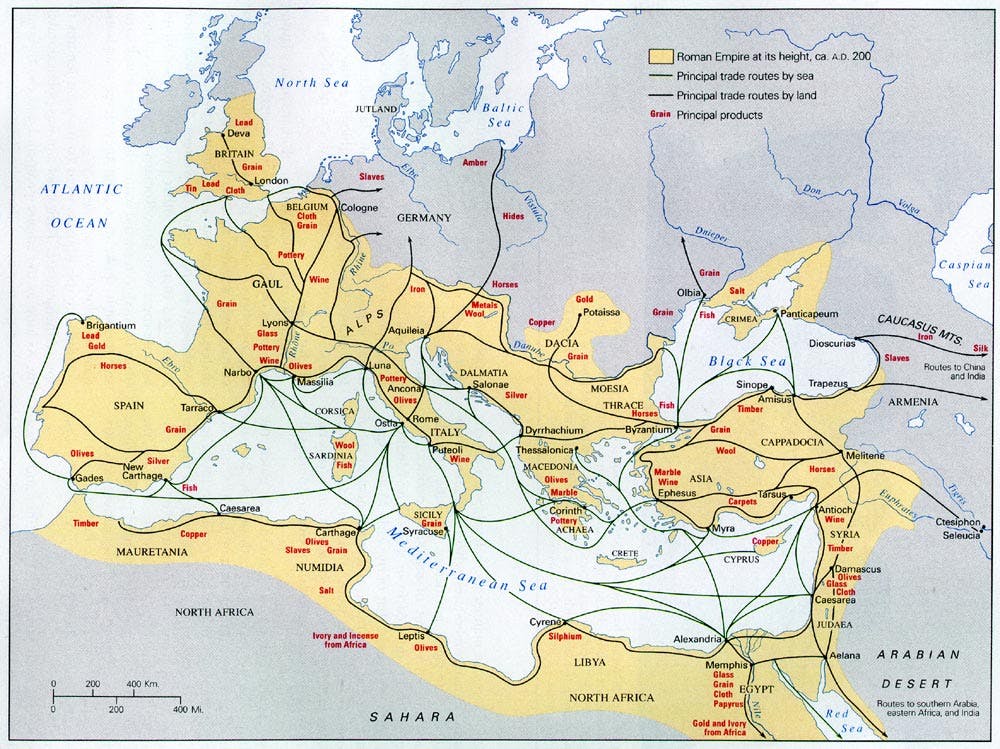 A map of the Roman Empire trade routes, ca. 200 AD